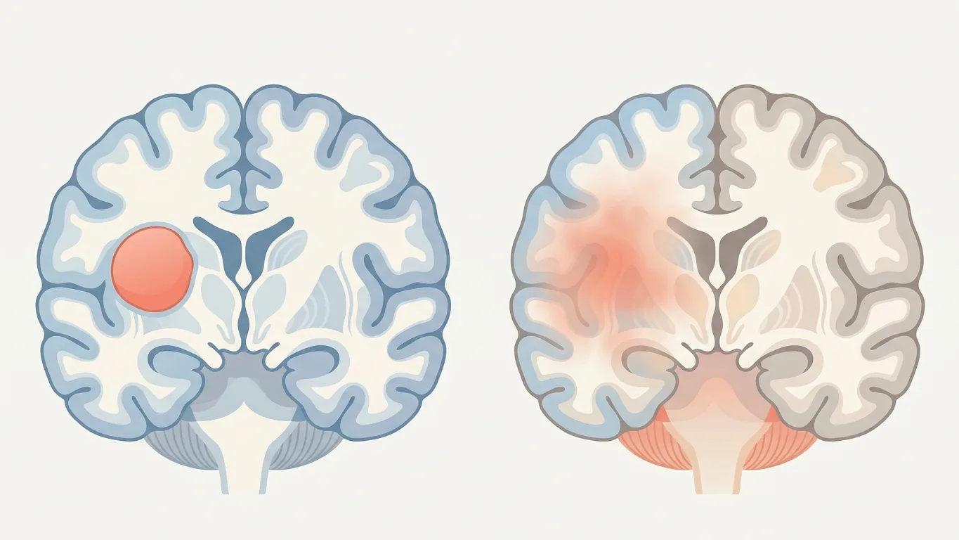 Illustration comparing a compact brain tumor with a diffuse, infiltrating fibrillary astrocytoma in the frontal lobe