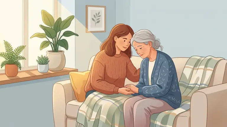 Illustration of a caregiver holding hands with a loved one at home symbolizing supporting a family member with glioblastoma