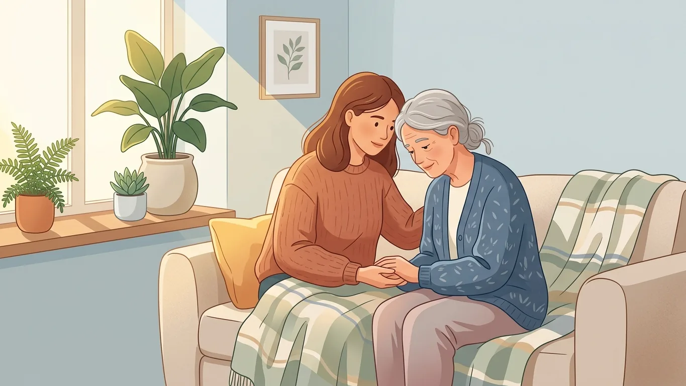 Illustration of a caregiver holding hands with a loved one at home symbolizing supporting a family member with glioblastoma