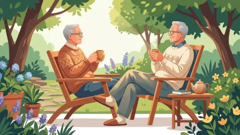 Illustration of elderly people resting peacefully in a sunny garden symbolizing glioblastoma treatment considerations for elderly patients