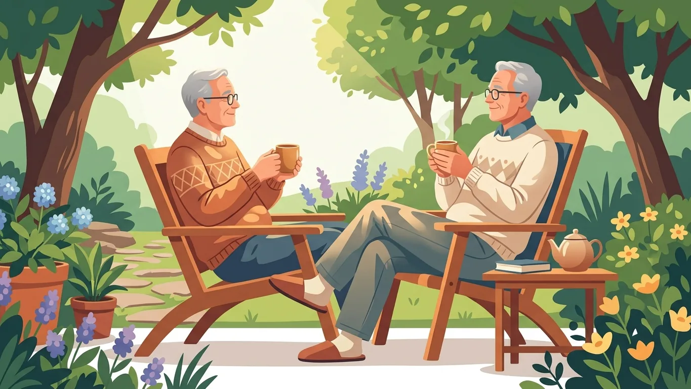 Illustration of elderly people resting peacefully in a sunny garden symbolizing glioblastoma treatment considerations for elderly patients