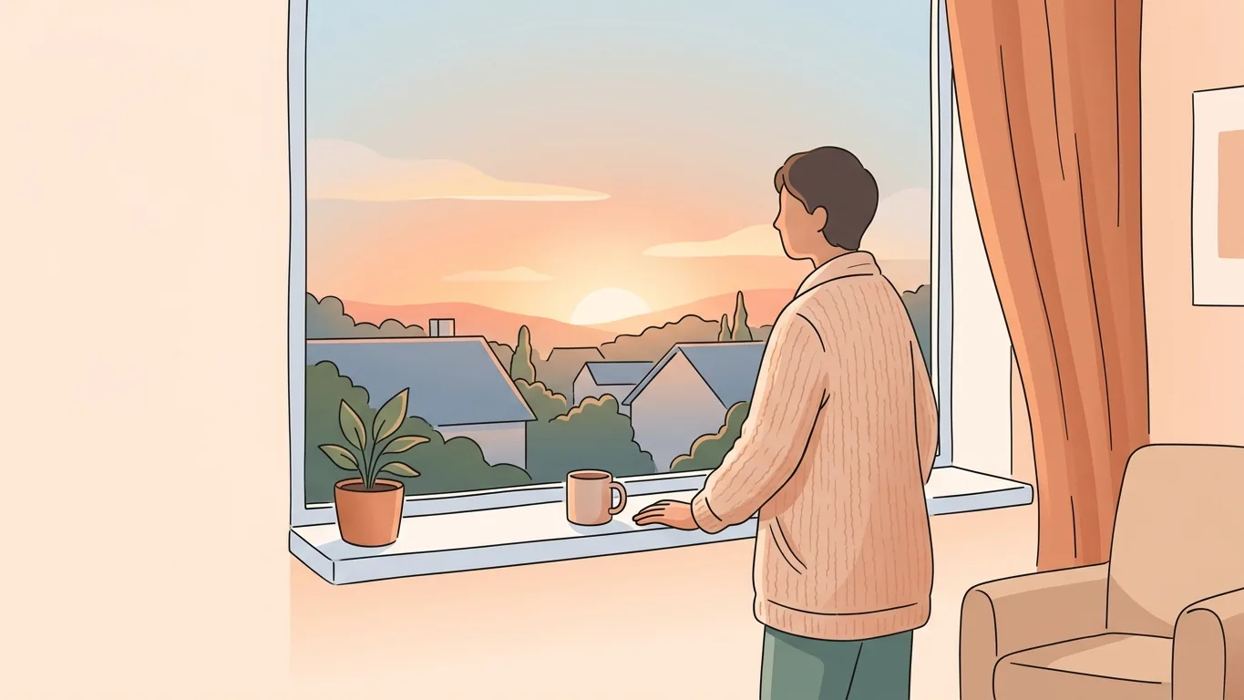 Illustration of a person watching a calm sunrise, symbolizing quiet resolve and a new stage of care