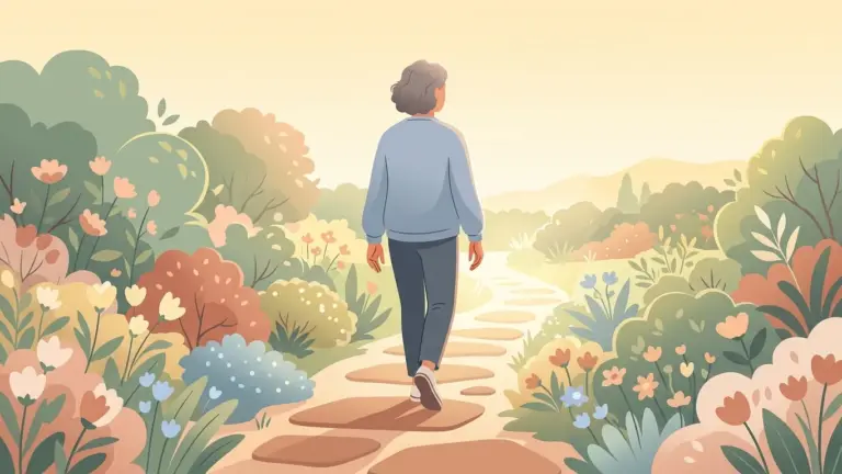 Illustration of a person walking forward on a sunlit path, symbolizing hope and outlook