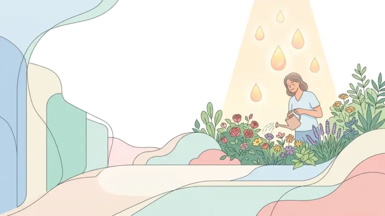 Abstract illustration of targeted therapy droplets symbolizing localized treatment, patient returning to daily gardening