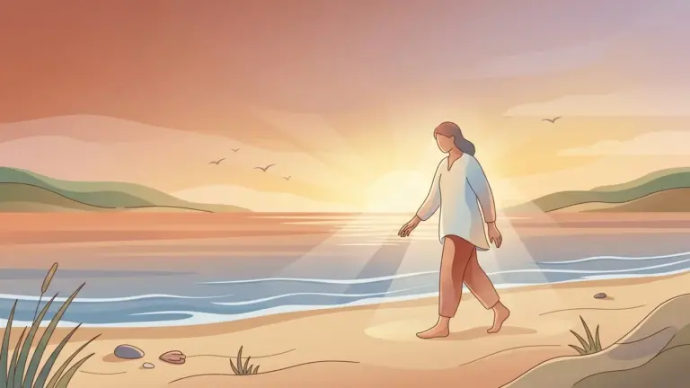 Abstract illustration of targeted light beams symbolizing recovery, patient walking on a beach