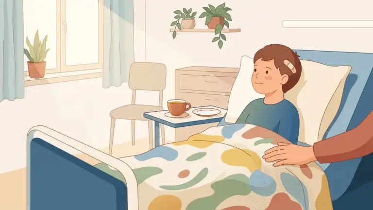 Illustration of a child recovering in a hospital bed the morning after pilocytic astrocytoma surgery
