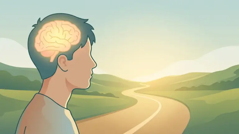 Illustration of a young person with a healthy brain and a long road ahead, symbolizing long life expectancy after pilocytic astrocytoma treatment