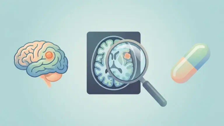 Illustration of the pilocytic astrocytoma treatment sequence: surgery, MRI monitoring and medication