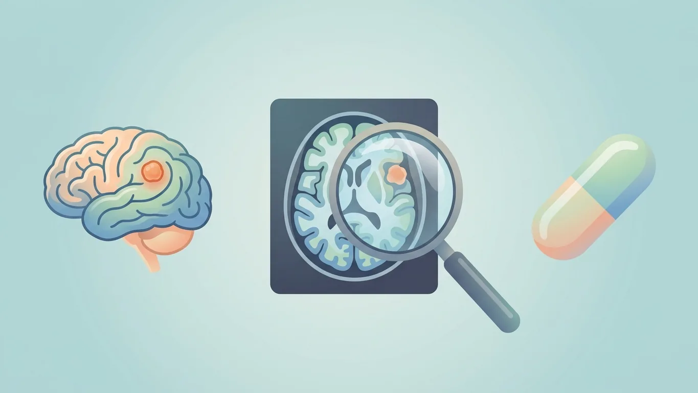 Illustration of the pilocytic astrocytoma treatment sequence: surgery, MRI monitoring and medication