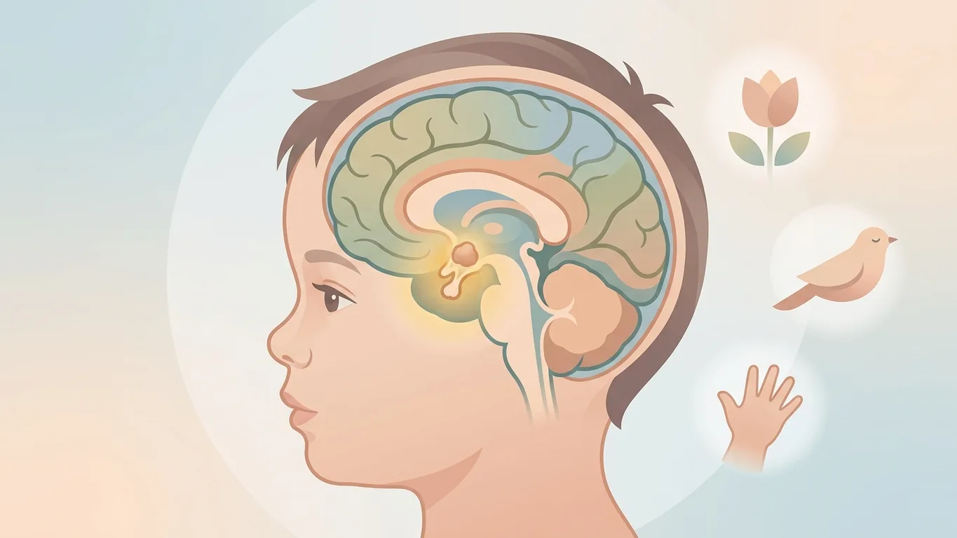Illustration of a toddler's brain with the hypothalamic region highlighted, where pilomyxoid astrocytoma usually grows