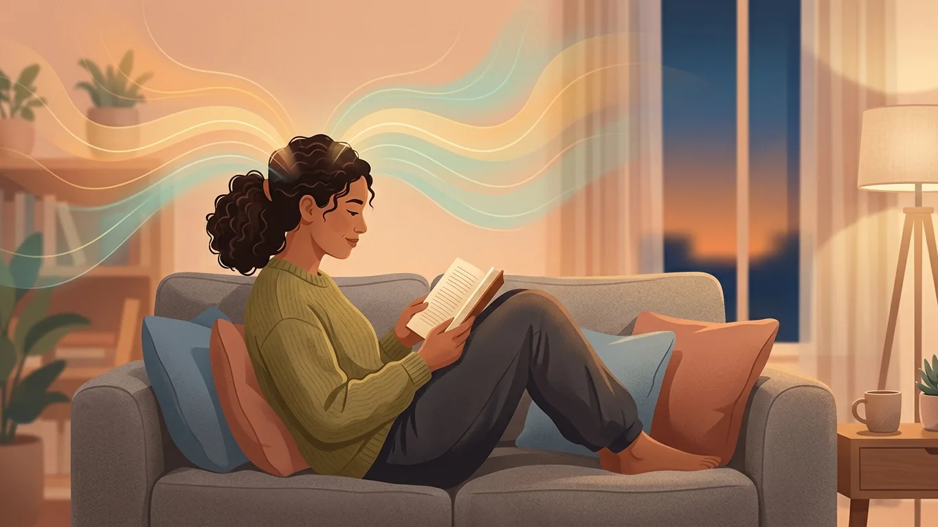 Illustration of a person relaxing at home with gentle glowing waves symbolizing daily life with tumor treating fields therapy